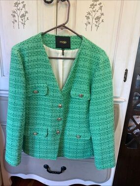 Chanel style MAJE Mint Green Tweed Collarless Blazer with Gold Buttons
